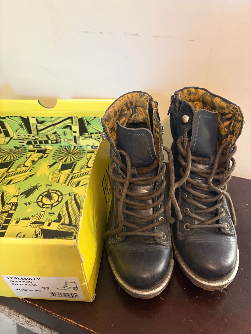 Fly London Leal Indigo Blue Lace-Up Leather Boots